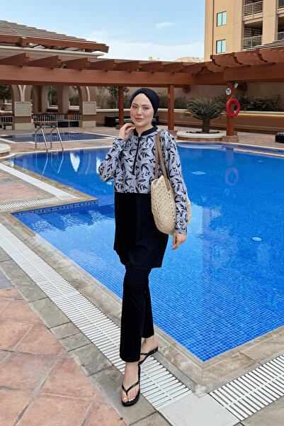 lurex moda Half Digital Printed Hijab Swimsuit