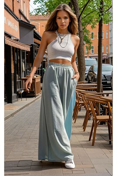 Pasaklı Giyim Pantaloni de vară supradimensionați pentru femei Aqua Green Mint - Talie elastică, două buzunare, picioare largi