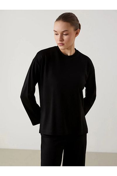 LC Waikiki Lcw Modest New Black Crew Neck Oversize Women's Sweatshirt Tunic