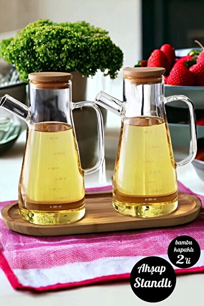 Rosemor Bambu Kapaklı Cam Yağdanlık Vakumlu Ahşap Stantlı Sirkelik Zeytinyağı...