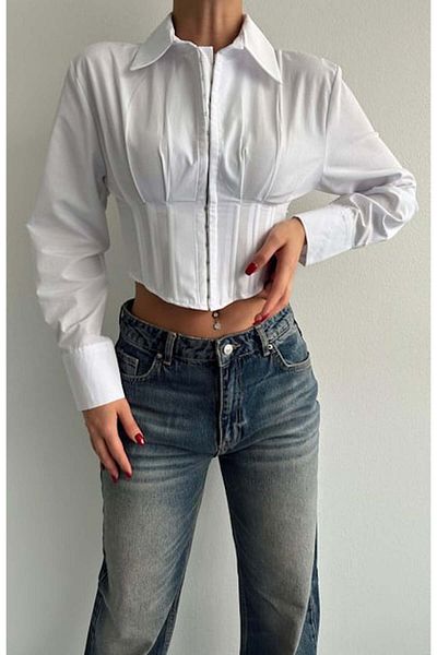 Lusin Cămașă Crop de damă albă - Fit Cut, Detaliu Corset, țesut
