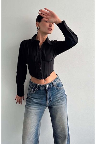 Lusin Cămașă crop pentru femei, cu detaliu în corset negru