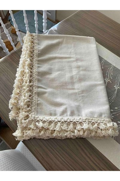OTOTEDARİK Organic Buldan Linen Beige Tasseled Tablecloth