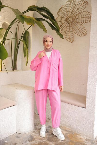 Bwest V-Neck Buttoned Pocket Double Hijab Tracksuit Set - (38-46) - 71244 - Fuchsia
