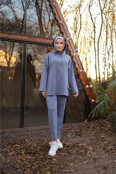 Bwest Hooded Half Snap Short Double Hijab Tracksuit Set - (38-46) - 71234 - Indigo