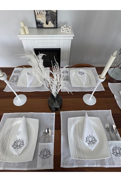 Menar Tasarım Lotus Flower Embroidered American Service Set Napkin Set 6-Person Design Dining Tablecloth Set