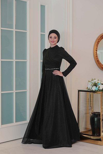 Modarafta Işıl Işıl Plus Size Shiny Fabric Stone Hijab Evening Dress