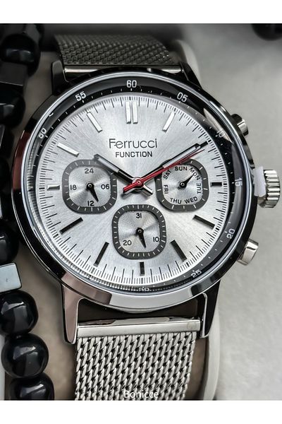 Ferrucci Men's Wristwatch - 44mm Case, Active Functions, Silver Color Steel Mesh Band