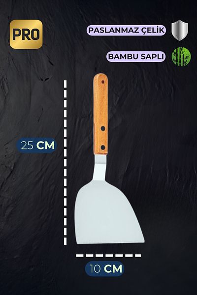 Ülgenev 1 Piece 25 cm Bamboo Handle Stainless Steel Steak Shovel & Pastry, Dough Cutter Griddle Spatula