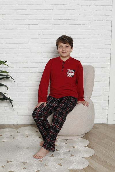 KAPİTEX Мъжки пижамен комплект с щампа и копчета, карирана яка и бордо с принт, цвят „баща и син“