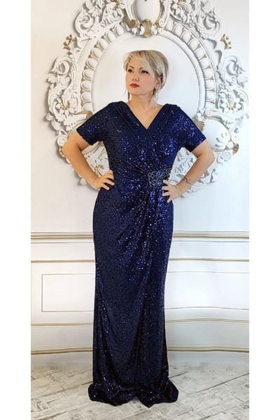 SANİSE Büyük Beden Uzun Payetli Gece Mavisi Abiye Elbise