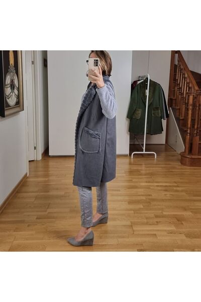 pudubutik Long Nubuck Vest with Fur Inside Anthracite