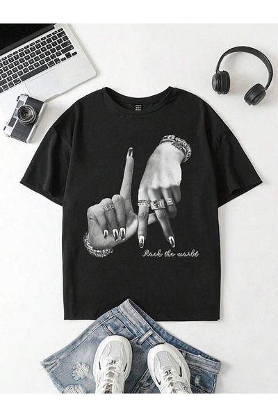 NoVibe Tricou unisex negru Rock The World imprimat supradimensionat 100% bumbac