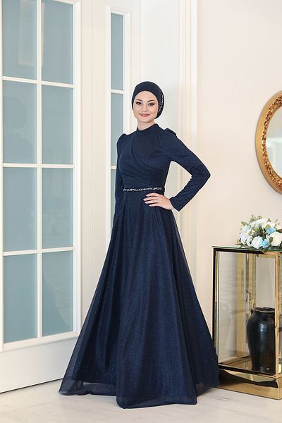 Modarafta Işıl Işıl Plus Size Shiny Fabric Stone Hijab Evening Dress