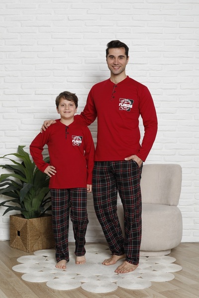 KAPİTEX Father Son Combination Printed Collar Buttoned Plaid Burgundy Color Men's Pajamas Set