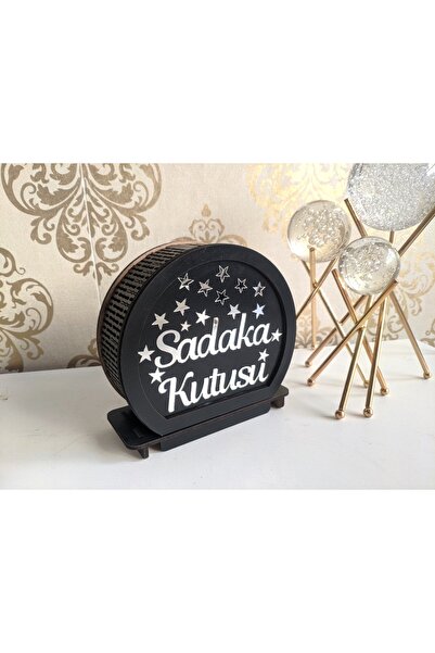 bir parça tasarım Siyah Ahşap Gümüş Yazı Sadaka Kutusu(RAHAT AÇMA KAPATMA)