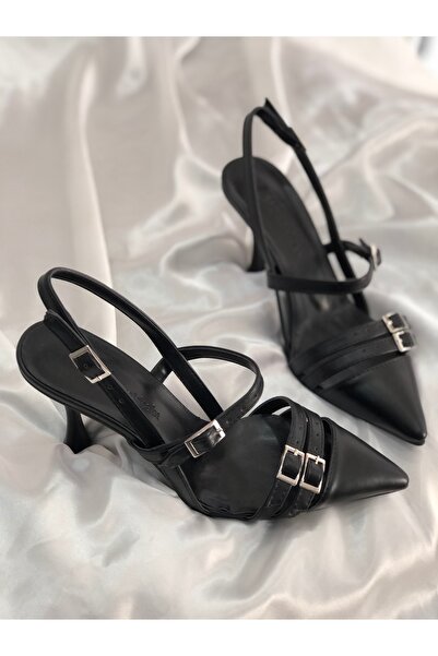 Hg Ayakkabı Fausta Si̇Yah Leatheṙ Belteḋ 8.5 cm Heeled Shoes Sti̇Letto