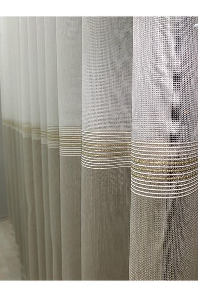 İNCİLİFE Paris Gold - Two-Color Milky Brown Ecru Tulle Curtain with 1/3 Close Pleats