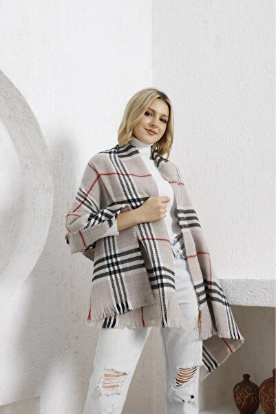 shieba outlet Beige Plaid Patterned Soft Textured Scarf