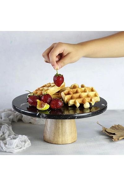 Akayev Marble 25 Cm Black Round Presentation Plate with Conical Wooden Legs