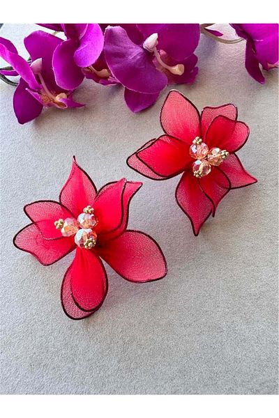 Pelin Aksesuar Red Fabric Crystal Big Earrings