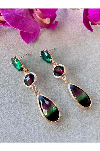 Pelin Aksesuar Green Glass Crystal Drop Earrings