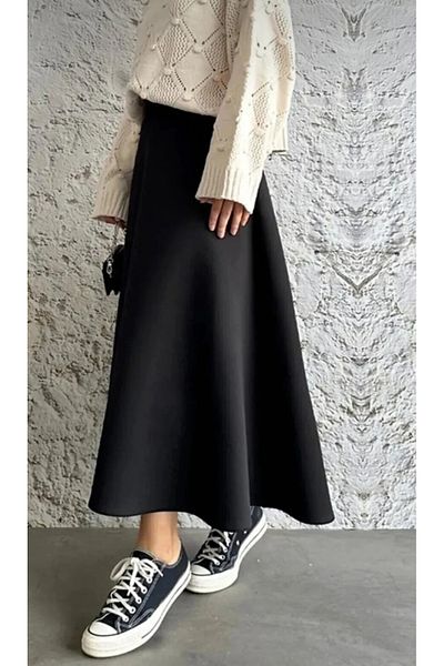 Mey Collection Hijab evazat din țesătură neagră Scuba Puff și fustă zilnică pentru femei Lungime: 94-95 cm