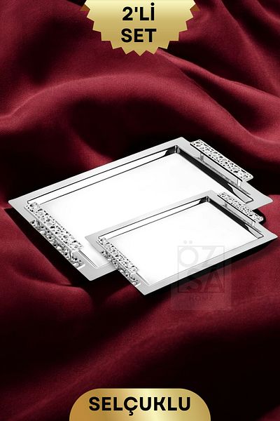 ÖzSa Home 2'Li Rectangular 18/10 Stainless Steel Serving Presentation Tea Coffee Promise Engagement Tray Tray Set Seljuk