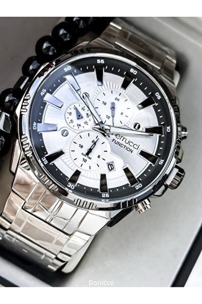 Ferrucci Brand Silver Color Steel Cord White Dial Men's Wristwatch with Calendar Rosary Bracelet