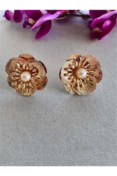 Pelin Aksesuar Gold İncili Büyük Çiçek Küpe