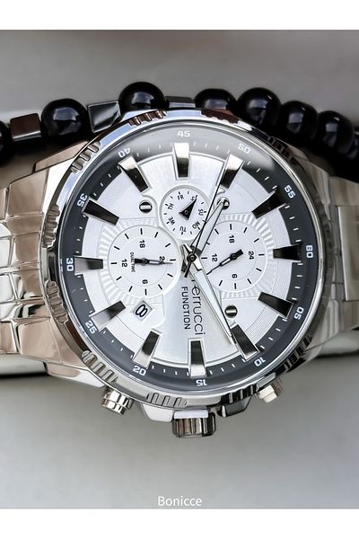 Ferrucci Brand Silver Color Steel Cord White Dial Men's Wristwatch with Calendar Rosary Bracelet