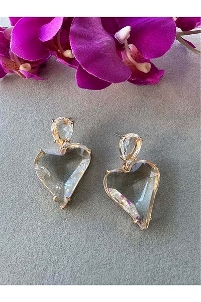 Pelin Aksesuar Clear Glass Crystal Stone Heart Earrings