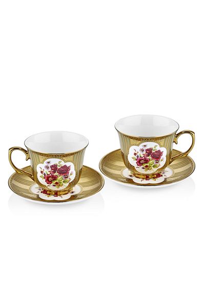 Cemile Vintage Bone Porcelain Tea Cup Set for 2 People with Stamp 4 Pieces