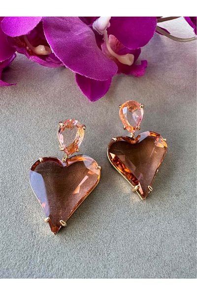 Pelin Aksesuar Pink Glass Crystal Stone Heart Earrings
