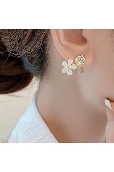 Pelin Aksesuar Krem Sedef Taşlı Yaprak Çiçek Küpe