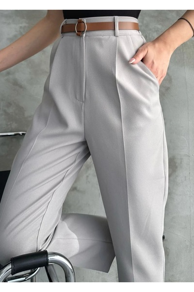MKABUTİK Kadın Pileli Kemerli Kumaş Pantolon Gri
