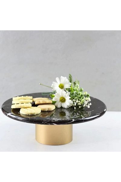 Akayev Marble 25 Cm Black Round Presentation Plate with Metal Legs
