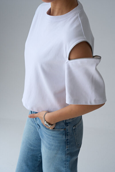 LOOSH Γυναικείο μπλουζάκι με λευκό λαιμόκοψη με μανίκια με φερμουάρ Basic