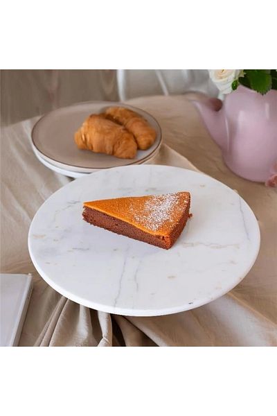 Akayev Marble 25 Cm White Round Presentation Plate with Wooden Legs