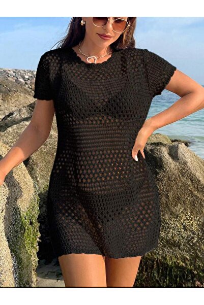 DRESSY CL Bisiklet Yaka Ajurlu Desen Kısa Kol Bikini Üstü Pareo-Plaj Elbisesi