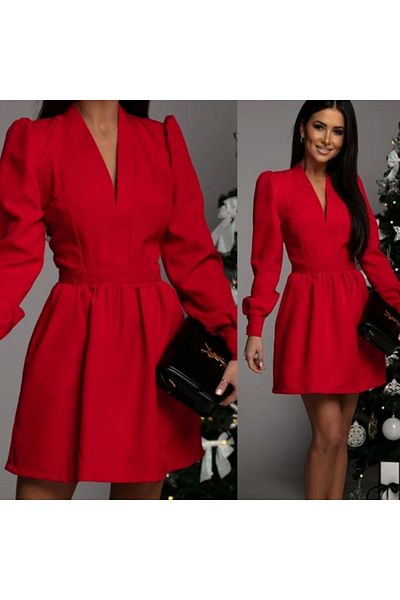 MODA Women's Long Sleeve V-neck Light Waist Pleated Scuba Crepe Mini Length Dress