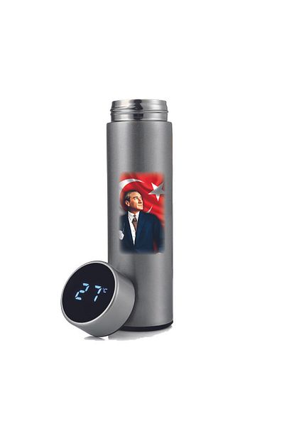 DKDZ SHOP Ataturk Printed Steel Silver Thermos with Indicator 450ml.-005