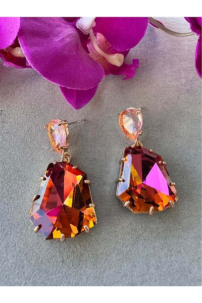 Pelin Aksesuar Orange Glass Crystal Stone Earrings