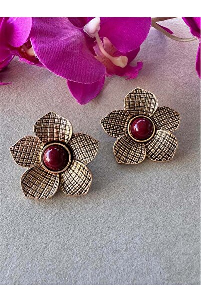 Pelin Aksesuar بورجوندي لؤلؤة زهرة البرونزية الأقراط