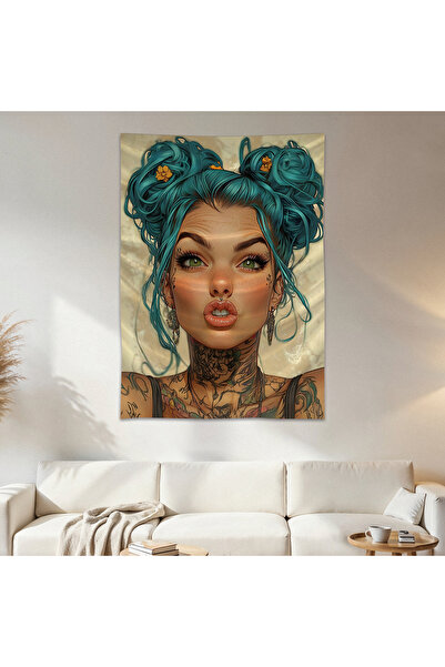 Geek Cultcha Woman with Blue Hair Wall Drape Wall Tapestry First Quality Sati...
