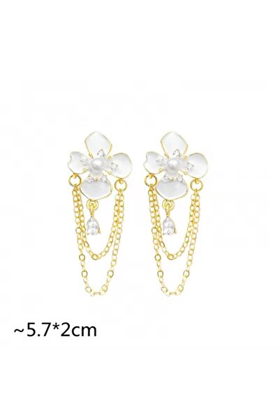 Pelin Aksesuar Beyaz Zincirli Çiçek Küpe