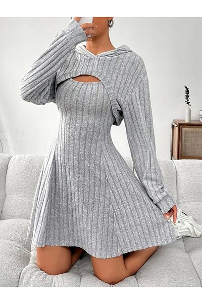 MODA Women's Long Sleeve Hooded Coat Top and Strapless Square Neck A-Line Ruched Camisole Dress