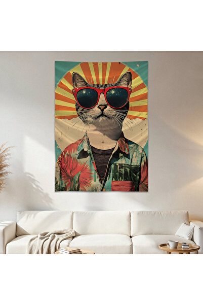 Geek Cultcha Cat with Glasses Wall Cloth Wall Tapestry First Quality Satin Fa...