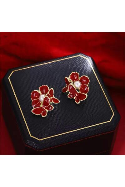 Pelin Aksesuar Bordo Kelebek ve Çiçek Küpe