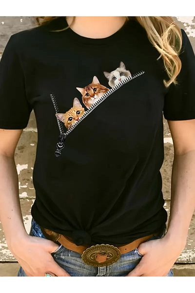 Frisson Unisex Cat Printed Crew Neck Oversize T-Shirt